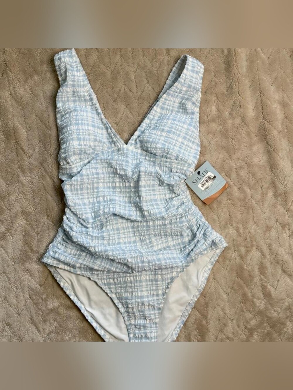 Shade & Shore Pale Blue and White Plaid One-Piece Swimsuit